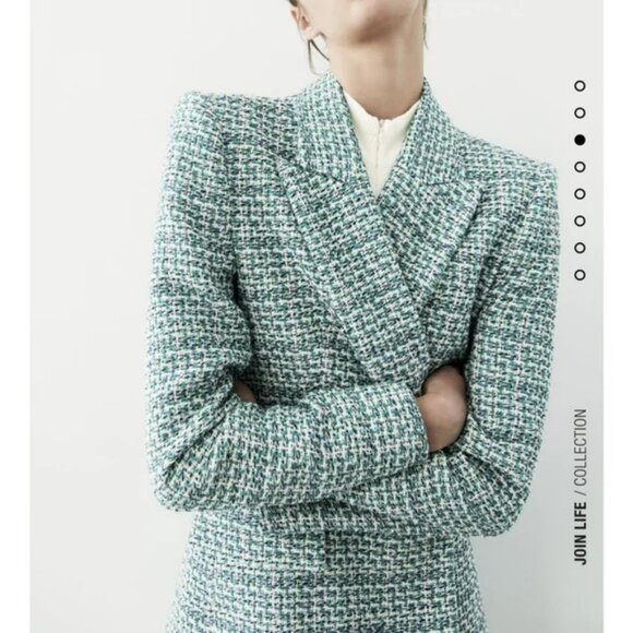 ZARA DOUBLE-BREASTED TEXTURED TWEED BLAZER TEAL GREEN.  SZ S - Picture 6 of 6